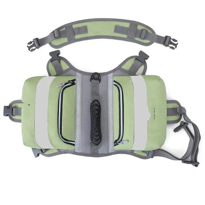Dog wearing hiking backpack