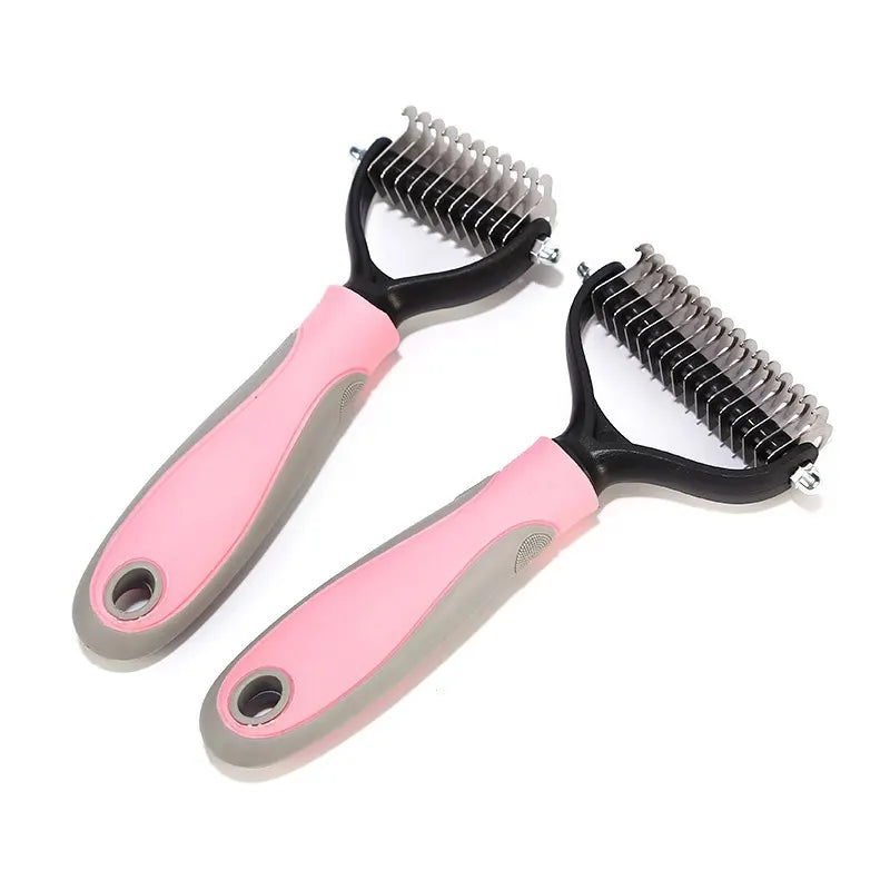 Brushing dog with deshedding brush